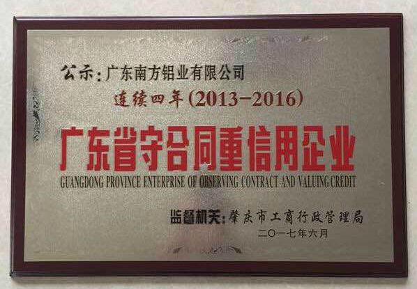 南方鋁業(yè)連續(xù)四年獲得“廣東省守合同重信用企業(yè)” 榮譽稱號